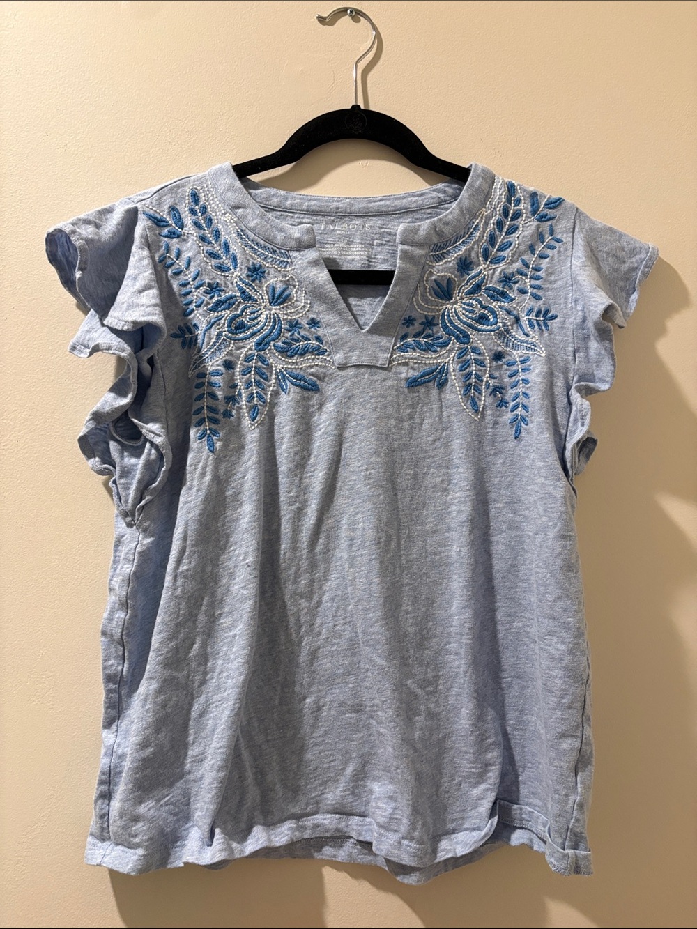 NWOT Talbots Light Blue Embroidered Flutter Sleeve Top